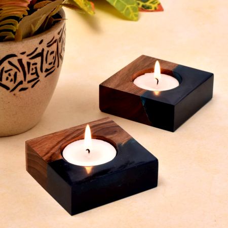 Wooden Square Tea Light Holder - Dark Blue -2 Piece